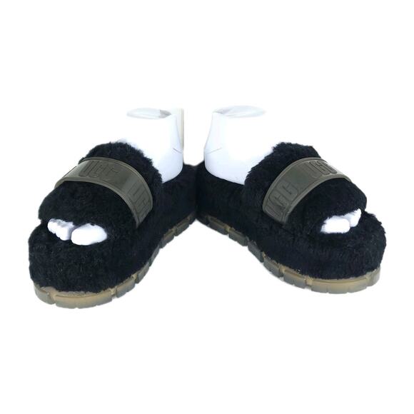 UGG Women's Fluffita US 7 Black Logo Slip On Platform Shearling Slide Slippers - Picture 1 of 16